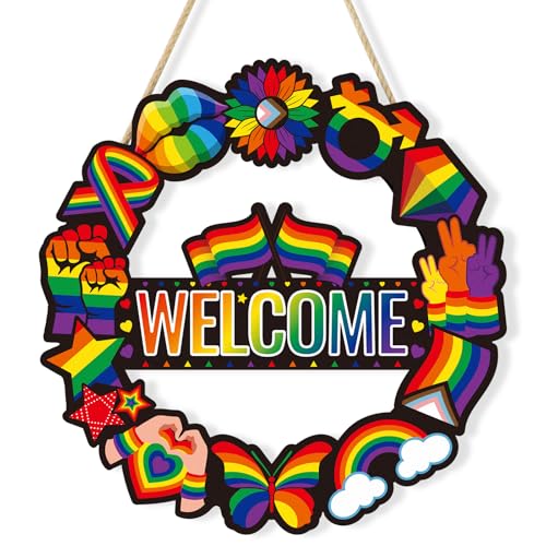 Pride Decorations Pride Month Wreath for Front Door Wooden Gay Pride Rainbow Sign Hollow Hanger Wall Art Everyone is Welcome Here Love Decor for Pride Ally Home Office LGBT Classroom Party Porch Yard