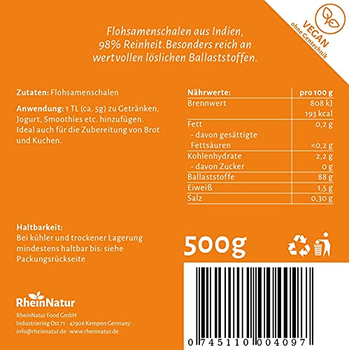 RheinNatur Flohsamenschalen 500 g - Fein gemahlenes Pulver - Reich an Ballaststoffen, ideal zum Backen