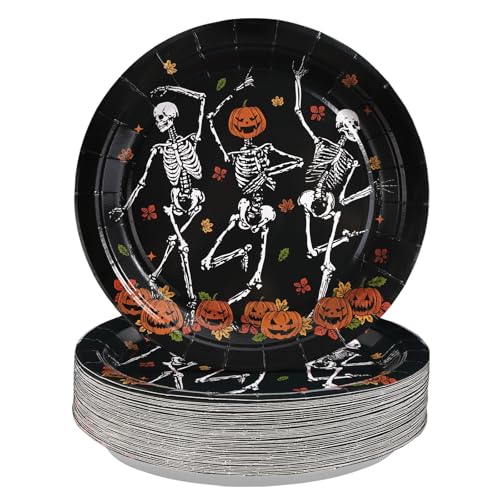 Grencian 50PCS Skeleton Party Supplies 9 Pumpkin Dancing Skull Plates Halloween Gothic Skull Plates Disposable Skeleton Theme Tableware for Spooky Ghost Holiday Horror Party Decorations