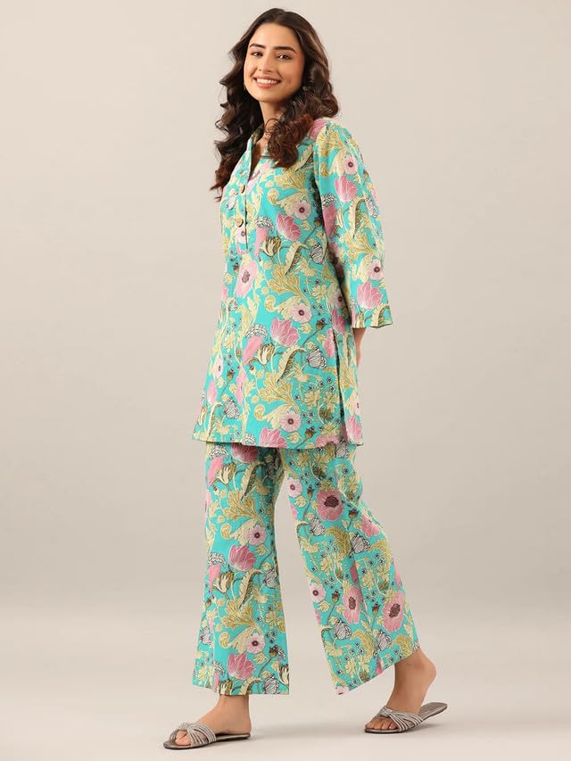 Selvia Women's Bell Sleeve Poly Rayon Henley Neck 2 Piece Co-Ords Set (569Tk622N-Xl_Light Turquoise & Pink)