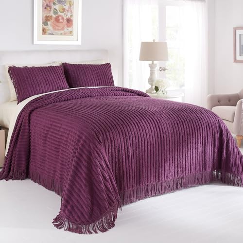 BrylaneHome Oversized Extra Wide Cotton Chenille Bedspread with Fringed Hems - King, Eggplant