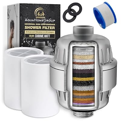 AquaHomeGroup 20 Stage Shower Head Filter with Vitamin C E A for Hard Water - High Output Filter to Remove Chlorine and Fluoride - 2 Replacement Cartridges - Consistent Flow Showerhead Filter