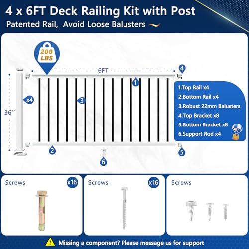 Guwezoy 4 Pack W.6ft x H.36in Modular Aluminum Deck Railing Kits with White Post, Outdoor Railing System with AAMA 2604–Grade Textured Powder-Coat Finish, Decking Railings for Decks Porches, Patios