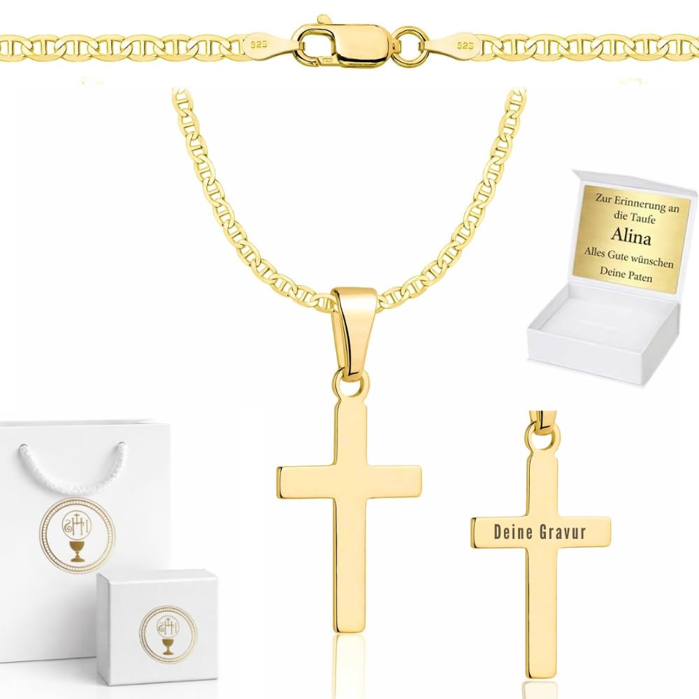 ZELYA Cadena de oro con cruz 14 quilates 925/585 para niños – Cadena de comunión y bautizo con caja de regalo