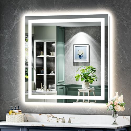 Image of 40x38 Inch LED Bathroom Mirror with Lights Front and Backlit Lighted Vanity Mirror for Bathroom Wall with 3 Colors Dimmable Anti-Fog Memory Shatter-Proof IP54 Waterproof Horizontal /Vertical