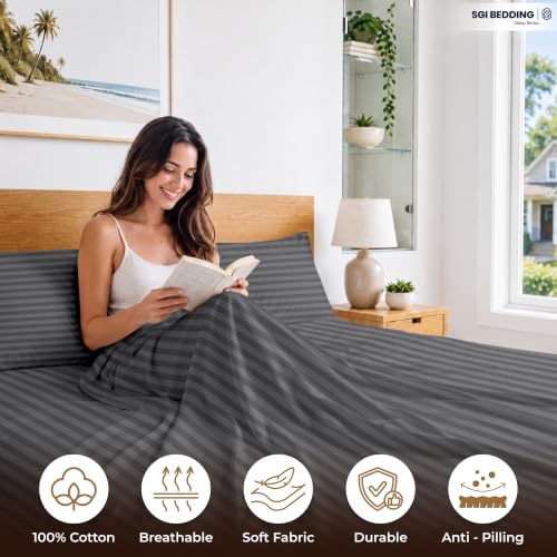 Image of SGI bedding RV Short Queen Sheet Set 60x75, 600 TC Egyptian Cotton, 4 Piece Luxury Hotel Collection, Ultra Soft & Breathable, Fits RV Mattress Camper & Trailer, 15 Inch Pocket, Dark Grey Stripe