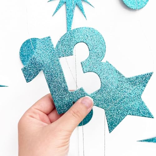 Image of Teal Blue 13th Birthday Decorations Number 13 Circle Dot Star Garland Glitter Streamer Banner Backdrop for Girls Boys Official Teenager Cheers to 13 Years Old Birthday 13th Anniversary Party Supplies