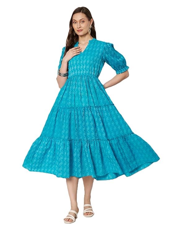 Image of PIDAVLIYA'S Women's Floral Summer Maxi Dress I Cotton Printed I One Piece Bodycon Midi Dress with V-Neck, Puffed Sleeves