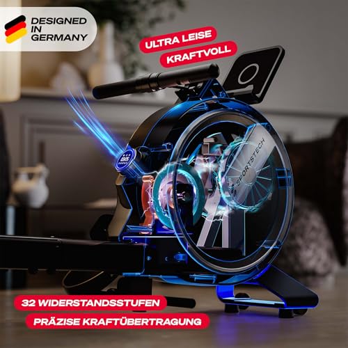 Sportstech PROwer Rudergerät für Zuhause, 32 Stufen Magnetwiderstand, LED Display, Dual Slide Rail, Bluetooth App kompatibel, leise, Ganzkörpertraining, Tablethalterung, vertikal verstaubar