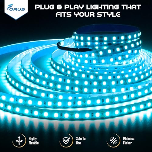 Image of Forus 5 Meter (5M) 8mm Ice Blue LED Strip Light, 120 LEDs /M Plug & Play Flexible Lighting for Home Decor, False Ceiling, Pooja Room, Living Room, Kitchen, Mirror, Stairs, 2-Year Warranty
