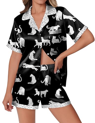 Ekouaer Womens Silk Satin Pajamas Set Animals Print Pjs Button Down Short Sleeve Lounge Set 2 Piece Sleepwear Leopard S