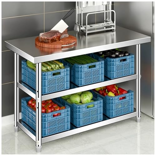 Stół kuchenny ze stali nierdzewnej z potrójnymi otwartymi półkami, komercyjny metalowy stół warsztatowy do pieczenia i pakowania (100 x 60 x 80 cm) - wytrzymały, łatwy do czyszczenia