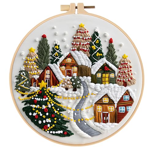 Generisch Sticken Set Erwachsene, Weihnachtsstickerei-Set für Anfänger, Kreuzstich Weihnachten Deko-mit Bambus-Stickrahmen-Durchmesser 20 cm (Frohe Weihnachten(B))