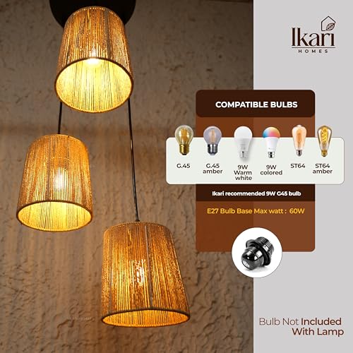 Image of Ikari Homes Rattan Chandelier 3 in1 Pendant Light, Natural Beige, Boho Style, E27 Base, Chandelier for Living Room I Dining I Bedroom I Balcony I Adjustable Wire - (Bulbs not Included) (Taper Raffia)