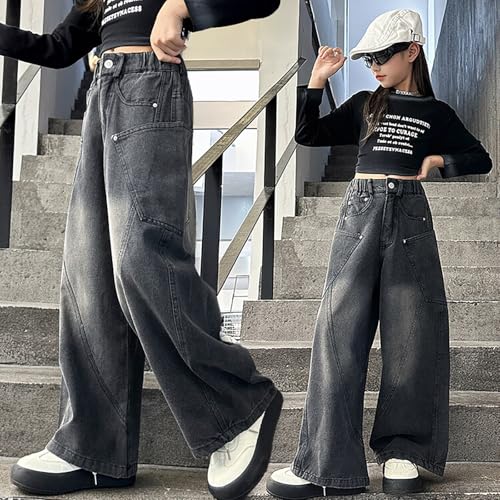Teen Girls Cargo Jeans Baggy Wide Leg Floor Denim Pants High Waist Casual Streetwear Y2k Trousers with Pockets Straight2