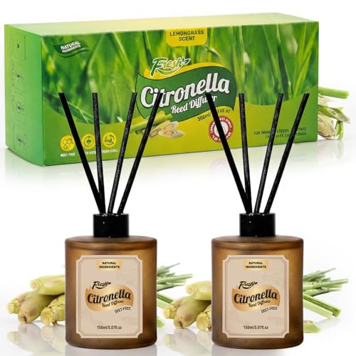 Scent-Hi Citronella Reed Diffuser Set 2 x 150ml with 12 Fibre Sticks - Reed Diffuser for Home Fresh Home Fragrance Set Room Diffuser for Bathroom Bedroom Living Room Hallway & Office