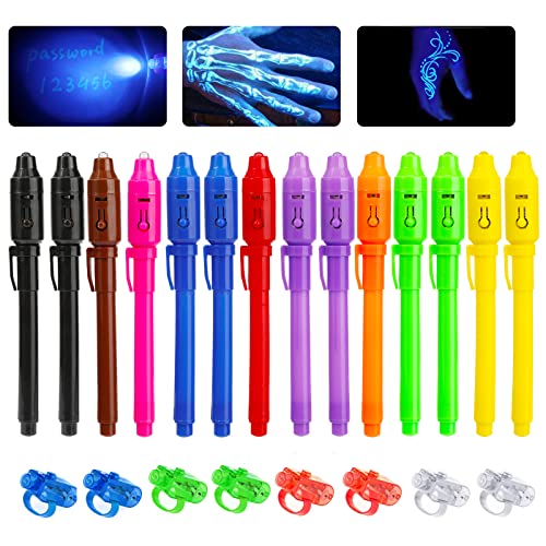 14 Bolígrafo de Tinta Invisible y 5 Luces led de Dedo lápiz espía con rotulador mágico de luz UV para Mensajes Secretos y Fiestas para Cumpleaños Infantiles Festival de Música Fiesta (14 Bolígrafos)