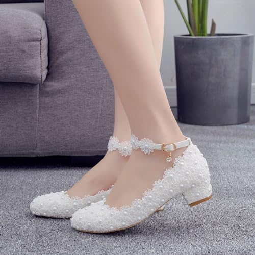 Women Lace Bridal Low Heel Shoes Pearl Floral Lace Ankle Strap Chunky Comfortable Round Closed Toe for Dress Wedding Prom Party3