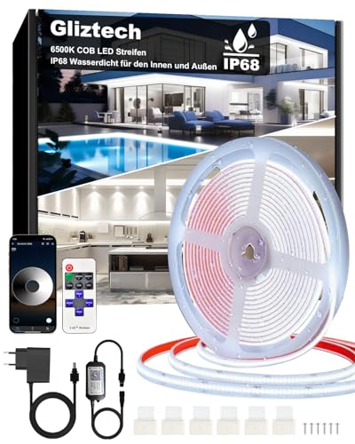 7 m COB ledstrip, IP68 waterdicht, 24 V, 6500 K, zelfklevend, voor buiten met voeding, app en afstandsbediening, voor dakrand, tuin, zwembad, terras, keuken, badkamer