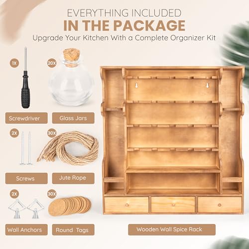 Image of Byers Choice TX Pine Wooden Spice Rack Organizer for Countertop with Rounded Corners and Ample Storage Space - Freestanding Spice Jar Rack with Drawers for Kitchen Pantry, Apothecary