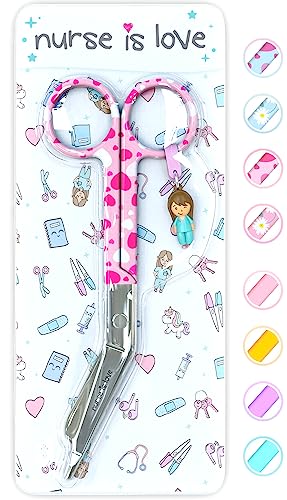 Nurse is Love Lister Verbandsschere Gebogen - Erste-Hilfe-Schere mit Abgerundeter Spitze | Erste-Hilfe-Set | Edelstahl | Mit Charm-Anhänger - Pink Hearts