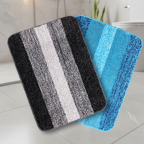 Image of SARAL HOME EASY LIVING Microfiber Striped Rectangle Shaped Anti-Skid Bath Mats|Soft & Super Absorbent Mats for Shower|Washable, Non-Slip & Quick-Drying Mats, 50X70 CM|Set of 2(Turquoise & Black)
