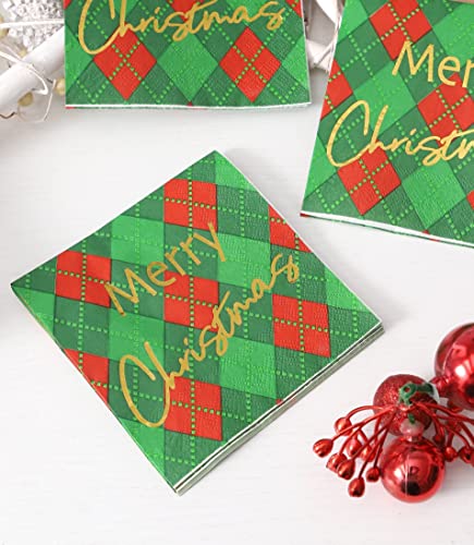 Plaid Green Christmas Napkins Paper - 50 Pk - Gold 3-Ply Christmas Cocktail Napkins 5X5 Inches Party Napkins Disposable Beverage Napkins For Christimas Decorations Christmas Table Décor #TOP3