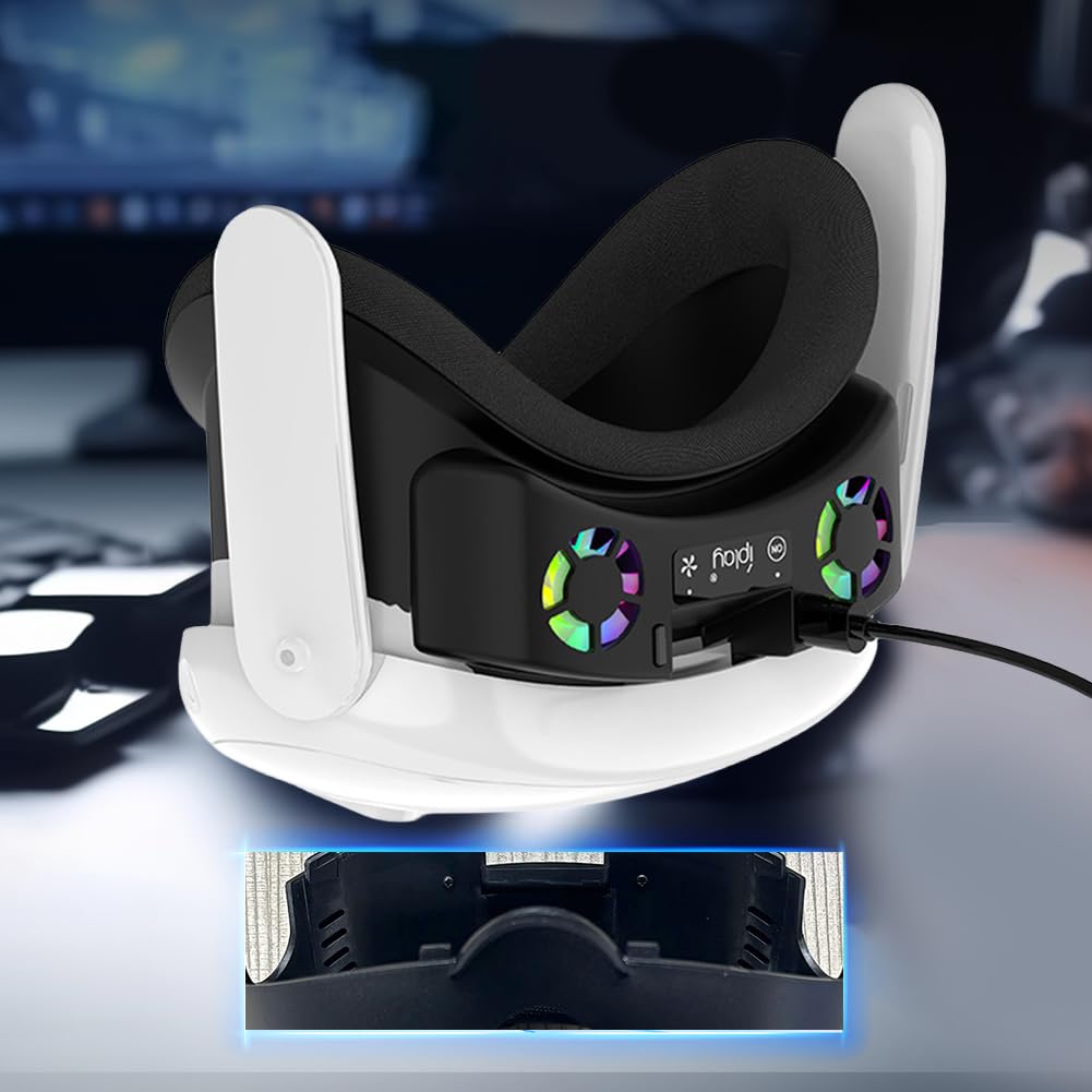 Ventilador de refrigeración para auriculares Meta Quest 3 VR, ventilador de refrigeración RGB recargable con luz RGB con almohadilla nasal antifugas, ventilación de circulación de aire para