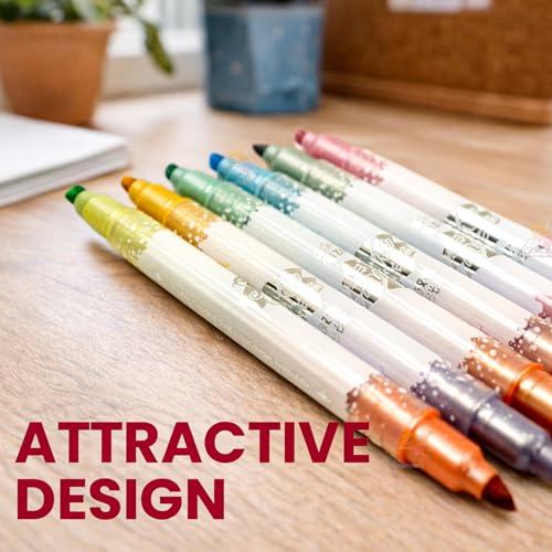 Image of WISHKEY Double-Head Glitter Marker Pens, Shining Non-Toxic Ink, Quick Drying Shimmery Colorful Highlighter Pens for Multipurpose, Stationery Items for Kids and Adults, 8+ Years (Pack of 6, Multicolor)