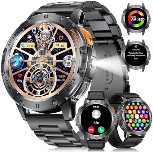 Military Smart Watch for Men with LED Flashlight(3 Straps), 530mAh Large Battery, 1.43’’ AMOLED Display(Answer/Make Call), 5ATM Waterproof/126 Sport Modes,Heart Rate Sleep Monitor for iOS Android