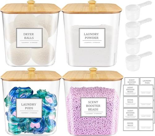 Image of 4 Pack Clear Laundry Pod Container, Laundry Room Organization Containers with Wooden Lids & Labels - Large Detergent Powder Storage for Room Organization, Scent Booster Holder