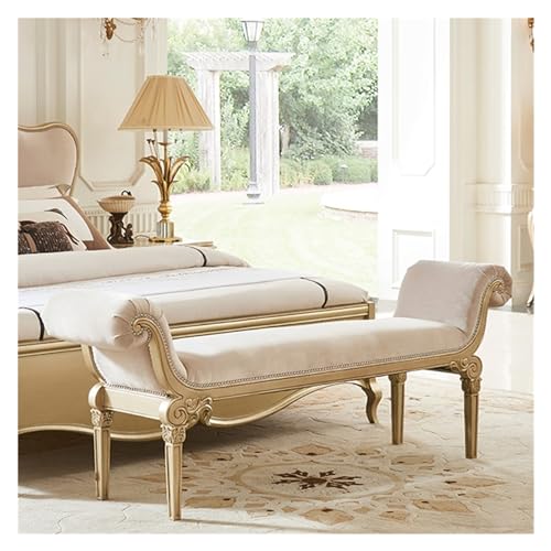 RENEESME Foot Stool for Bed Solid Wood Bedroom End Bench, Upholstered Fabric Storage Ottoman, European Classical Fabric Bedside Stool Bedroom Bed Couch Bed Bench Bed Step Stools for High Beds