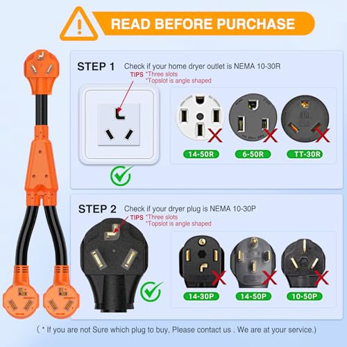 Image of Nilight EV Dryer Y Splitter Adapter Cord 30 Amp Male Plug to Two 30Amp Female Receptacle 3 Prong 125V /250V 7500 Watt Pure Copper Conversion Heavy Duty STW 10 AWG Cable 10-30P 10-30R 30M /30F