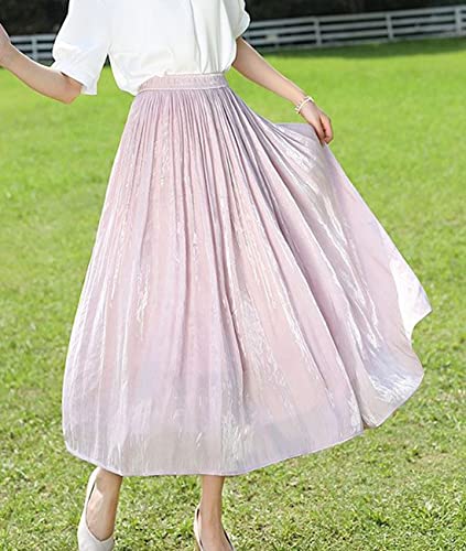 Femiserah Women's Silky Lustrous Elastic Waist Pleated Accordion Midi Long Skirts3