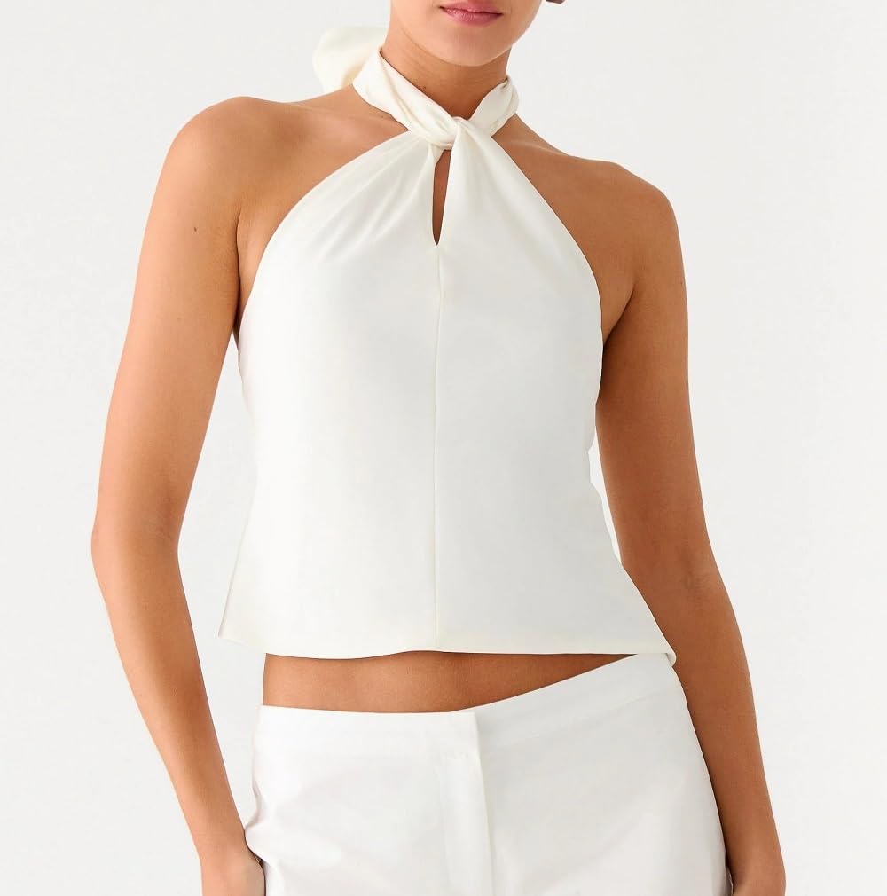 Women Satin Tie Back Halter Top Silky Backless Criss Cross Tank Top Sleeveless Going Out Tops Summer Streetwear - Image 3