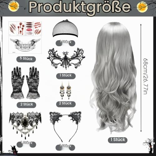 JIASHA Halloween Perücke Damen Grau: 12Pcs Halloween Kostüm Set Gothic – Bild 2