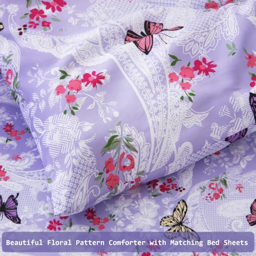 Image of lasoftan Floral Queen Comforter Set with Sheets, 7 piece Luxury Vintage Bedding, Soft Microfiber Bed in a Bag, Cozy Lightweight Bed Set, Lavender Butterfly