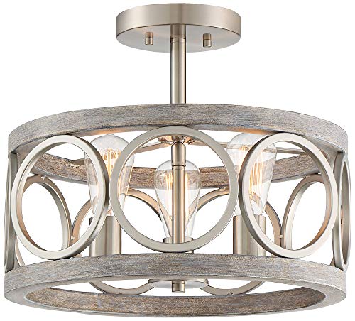 Franklin Iron Works Salima Farmhouse Rustic Industrial Ceiling Light Semi Flush Mount Fixture 16" Wide 3-Light Brushed Nickel Gray Wood Finish Drum Shade for Bedroom Kitchen Living Room Hallway