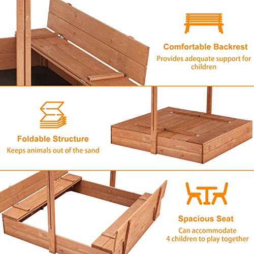 Yoleny Kids Sandbox With Cover, Height Adjustable Roof, Foldable Bench Seats For Aged 3-8, Wooden Outdoor Kids Sandbox, Sand Protection Liner, For Backyard, Beach, Lawn, Orange #TOP5
