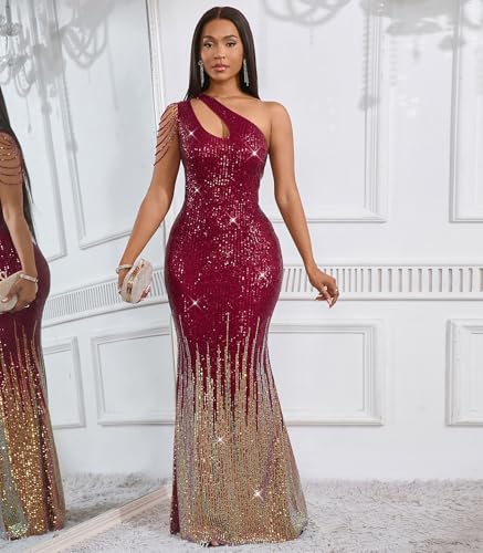 Image of Cololura Women Sequin Elegant Sexy One Shoulder Tassel Mermaid Bodycon Cocktail Evening Dress