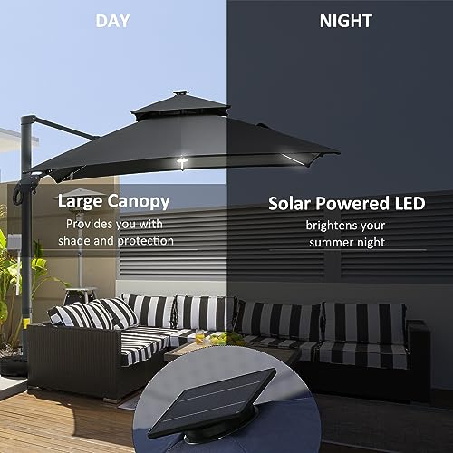 Outsunny 10Ft Cantilever Patio Umbrella With Solar Led Lights, Double Top Square Outdoor Offset Umbrella With 360° Rotation, 4-Position Tilt, Crank & Cross Base For Garden, Deck, Pool, Dark Gray #TOP3