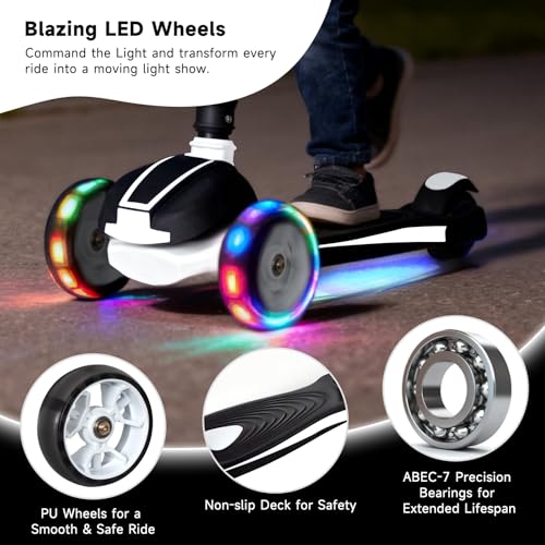 Nattork Kids Scooter for Age 3-5, Toddler Scooter with 4 Adjustable Height for Boys & Girls, Light Up 3-Wheels Foldable Kick Scoote, Lean to Steer, 120LB Weight Capacity Age 5-8 Black&White — view 4