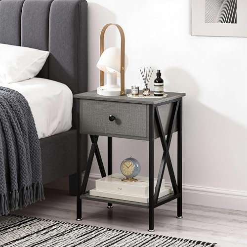 Image of VECELO Nightstand,Modern Bedside End Tables, Night Stand with Drawer and Storage Shelf for Living Room Bedroom, Industrial Metal Frame