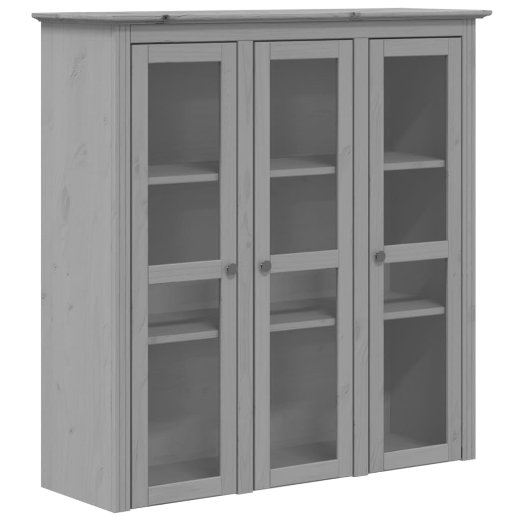 Armario vitrina con puertas de cristal BODO en color gris de madera de pino maciza, ideal como accesorio para cómoda o aparador, con varios estantes y tiradores metálicos de estilo francés.