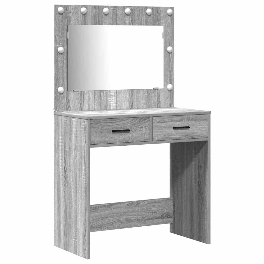 Schminktisch 2er Set Grau mit LED-Beleuchtung 78,5 x 41 x 75 cm Holzwerkstoff Kosmetikspiegelkommode Stauraum Frisiertisch für Schlafzimmer, Studio und Salon