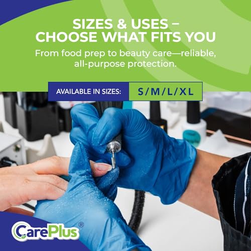 CARE PLUS Disposable Blue Vinyl Gloves, Small Size, Cleaning, Non Latex, Plastic, Food Service, Ambidextrous, Powder Free, All Purpose, 100 Count Dispenser Box