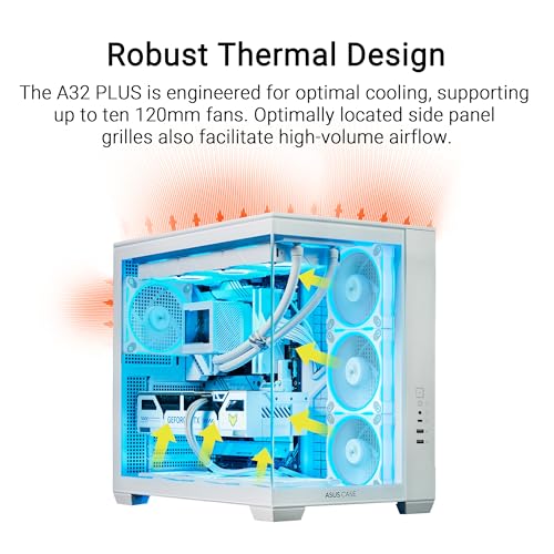 Gabinete PC ASUS A32 Plus Blanco ATX | Ventiladores ARGB, Diseño Panorámico, Panel Frontal de Cristal, Compatible con Radiadores de 360 mm y Tarjetas Gráficas de 420 mm, Puerto USB-C Frontal miniatura 3