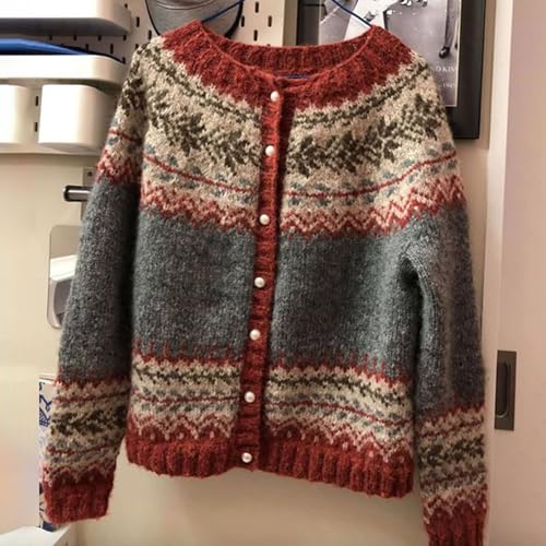 Women Vintage Fair Isle Knitted Sweater Retro Argyle Crewneck Long Sleeve Button Down Cardigan3