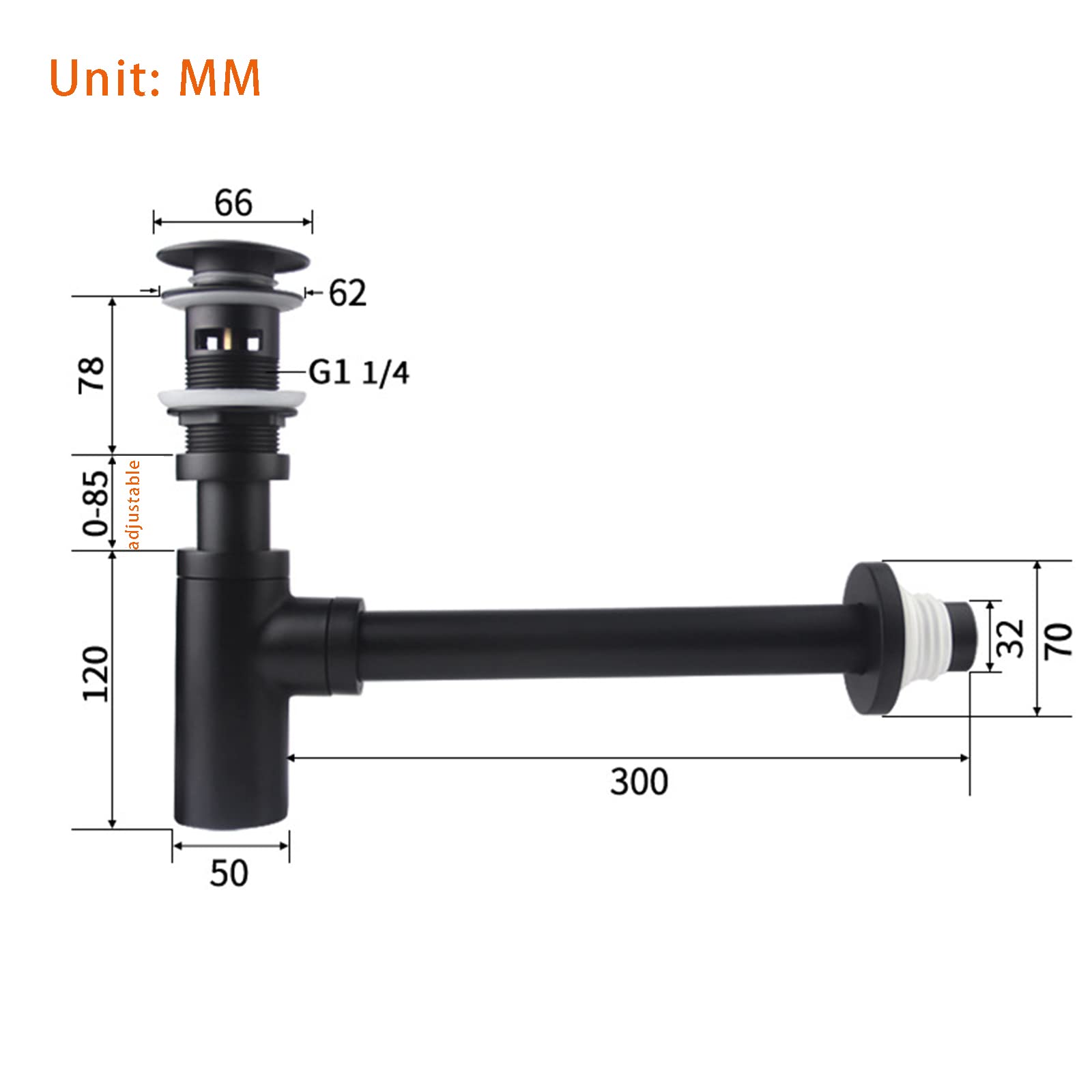 Tapón De Desagüe para Lavabo De Baño, Desagüe Emergente De 1-1/4, Kit De Desagüe De Lavabo De Baño En Forma De P De Latón, Desagüe De Lavabo De Sifón Negro para Pared,with Overflow