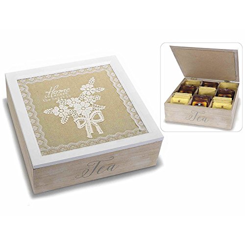 www.lefantasiedicasa.com caja para Bolsas de té A nueve puestos de madera con tapa de encaje. De Los acabados de encaje y texto Tea, mencionar algunos de especias U Otros alimentos de cocina.